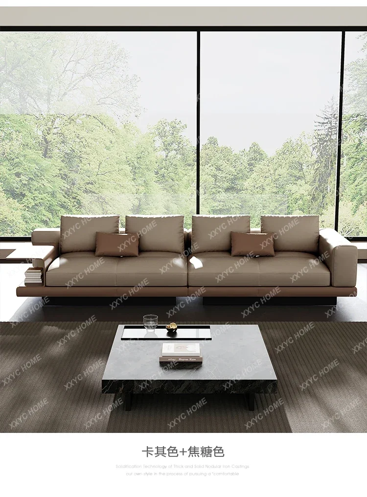 Leather Sofa  Flat High-end Living Room Light Luxury Four-person Straight Row Suspended Sectional Cream Style Sofa