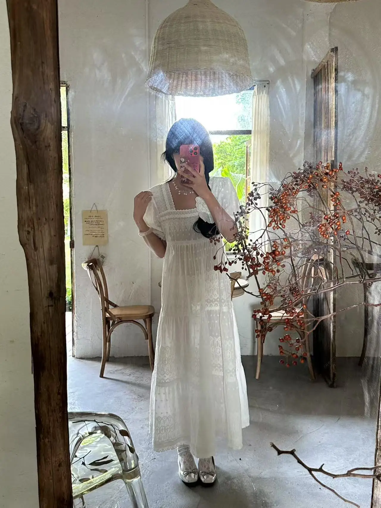 

2025 New Women White Long Dress Embroidery Hollow Out Square Collar Puff Sleeve Perspective Loose Robe