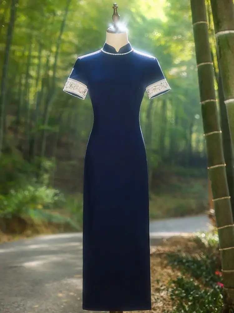 Petite Blue Qipao Dress, Modern Chinese Cheongsam, Slim Fit Retro Design Daily Elegant Wear Quigao Cicpao Long Dress