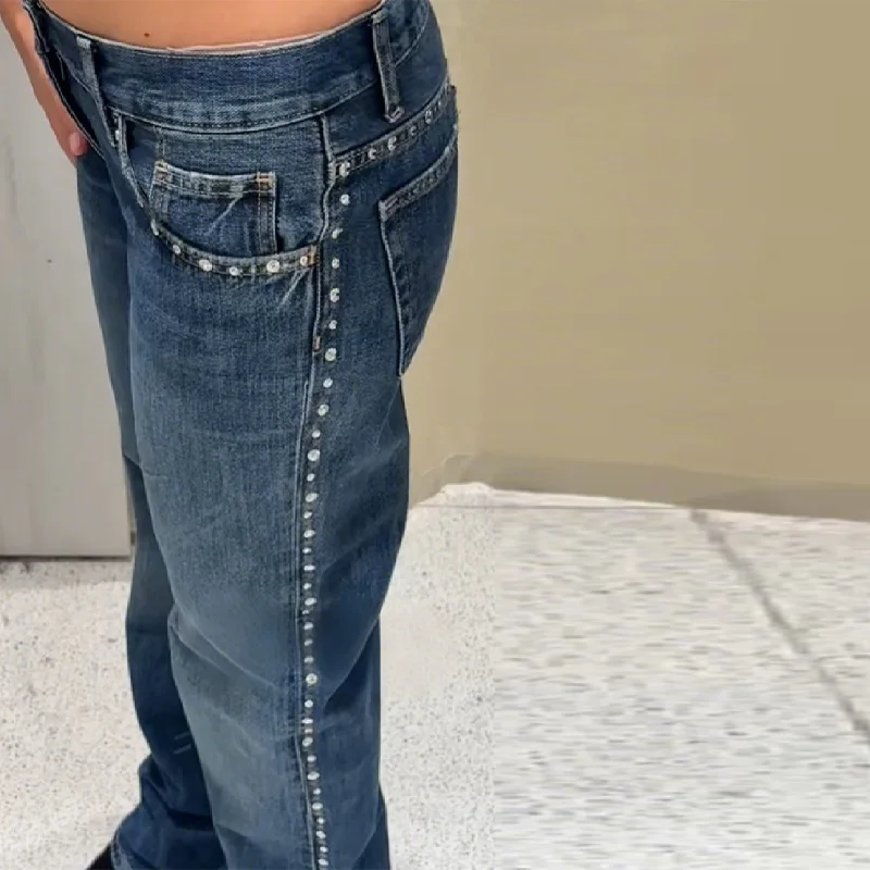 

Женские джинсы со средней талией, модные джинсовые брюки с ромбовидным декором, брюки с карманами, новинка 2025, осенние женские длинные брюки в стиле ретро Y2K
