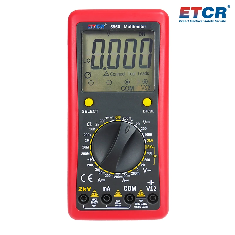 

ETCR5960 Digital Multimeter Resistance Current Voltage Meter 200MΩ DC AC 2000V 200mA 2000uF Capacitance Frequency Temperature