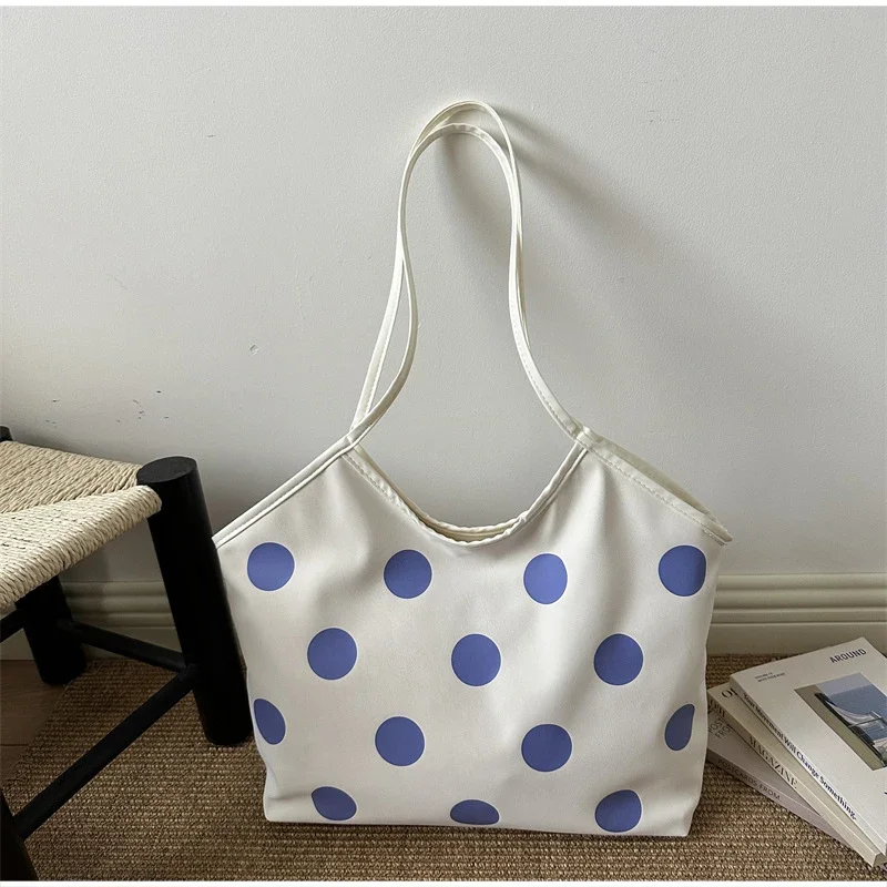 Koreanische Schultertasche mit Polka-Dot-Muster, Vintage-Kunsthandwerkliche Canvas-Tragetasche für Damen, lässige Alltagstasche mit Henkel. – Detail 2