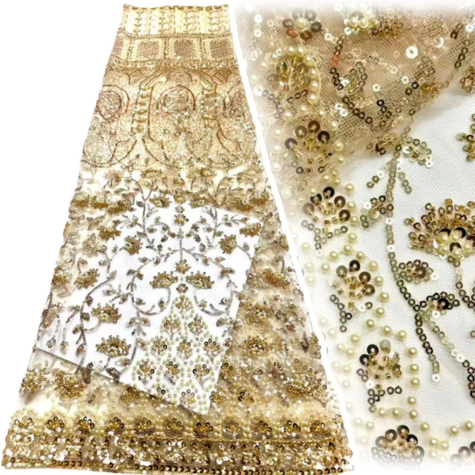 

Luxury African Beaded Lace Fabric High Quality French Sequin Lace Fabric for Bridal Wedding Evening Gown Material 5 Yards 2246