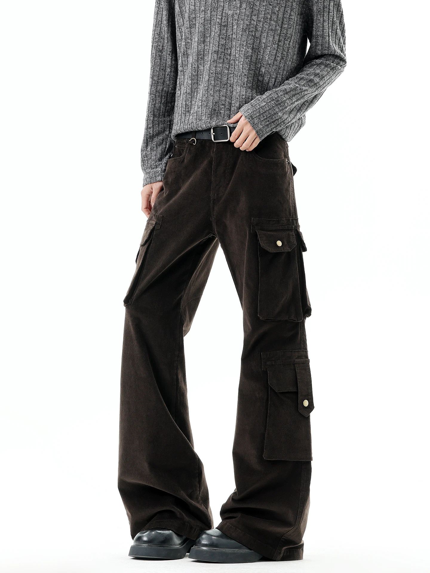 

Boyue Retro Workwear Multi-ket Slimming Denim Capri Casual Design Bootcut Wide Leg Pants for Men Youth Faion Jeans