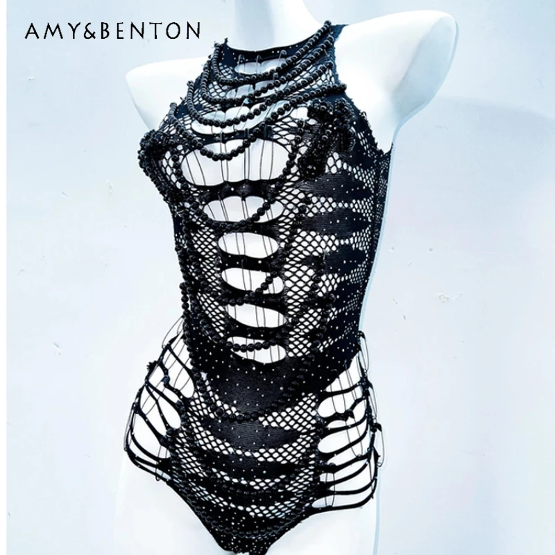

Оригинальный дизайн, сексуальный черный комбинезон с вырезами и сеткой для женщин, весна 2026, новинка, стильный прозрачный костюм для выступлений, женский