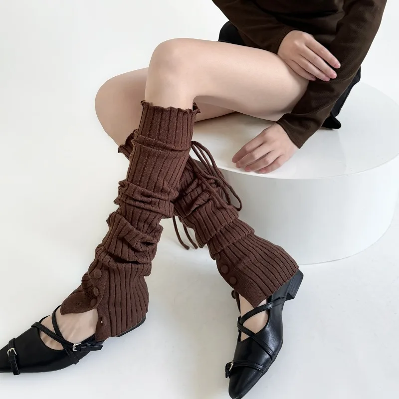 2025 New Women Leg Warmers Autumn Winter Knitted Foot Cover Lolita Ruffle Socks Thigh High Stockings Straps JK Girl Leg Warmers