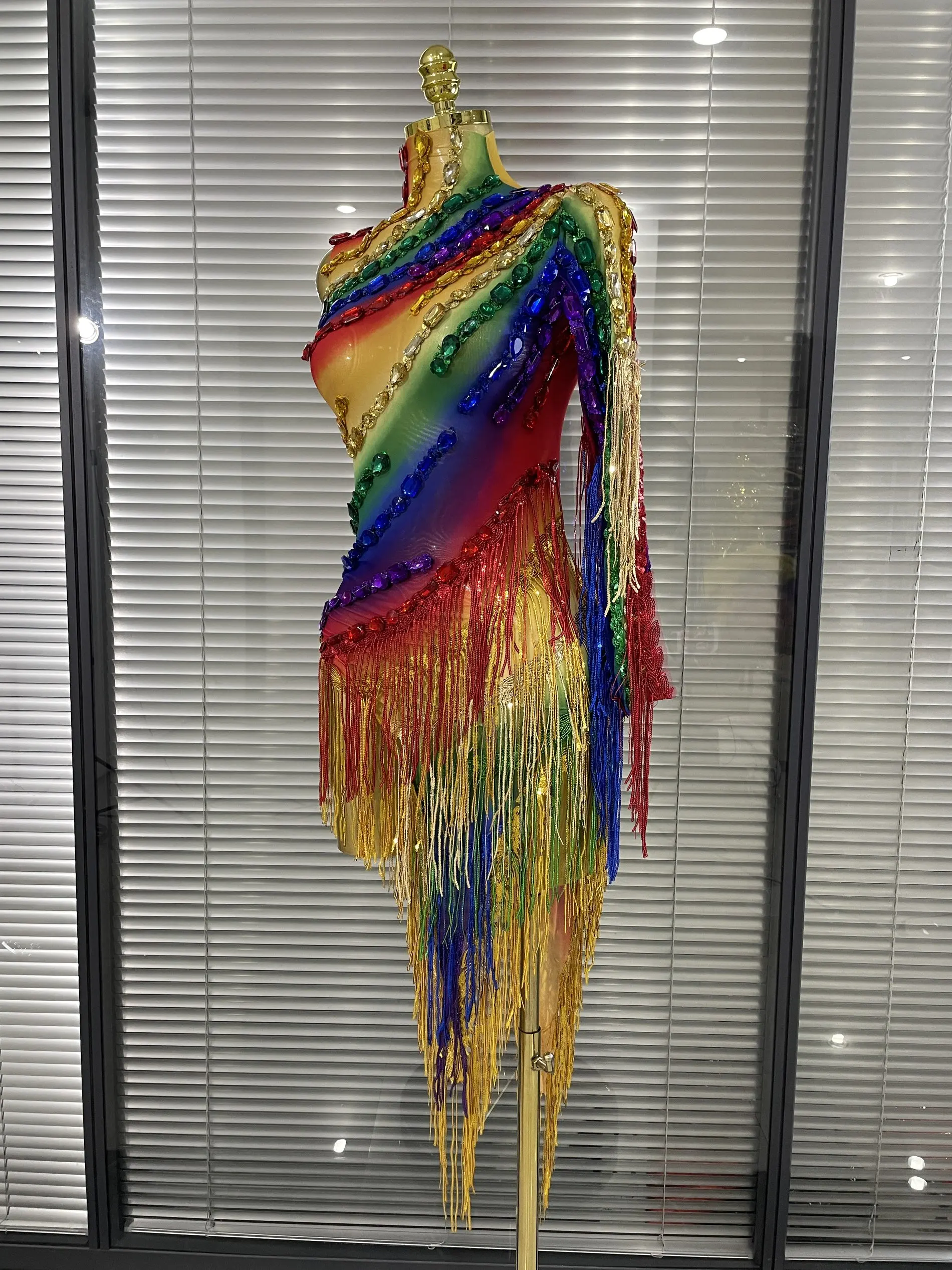 New Rainbow Women Sexy One Shoulder Mesh See Through Tassles Bodycon Mini Dress Birthday Fashion Bar Singer Performance Stage
