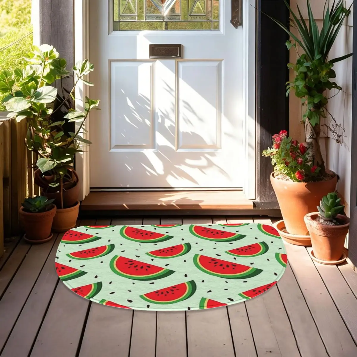 Cute Watermelon Slices Soft Flannel Half Round Doormat Non Slip Bathroom Mat Absorbent Floor Carpet for Living Room