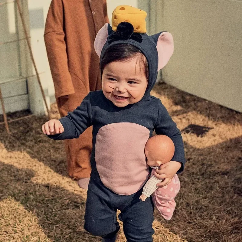 HoneyCherry New Halloween Baby Mouse Romper z kapturem Noworodek Bawełniany kombinezon z długim rękawem