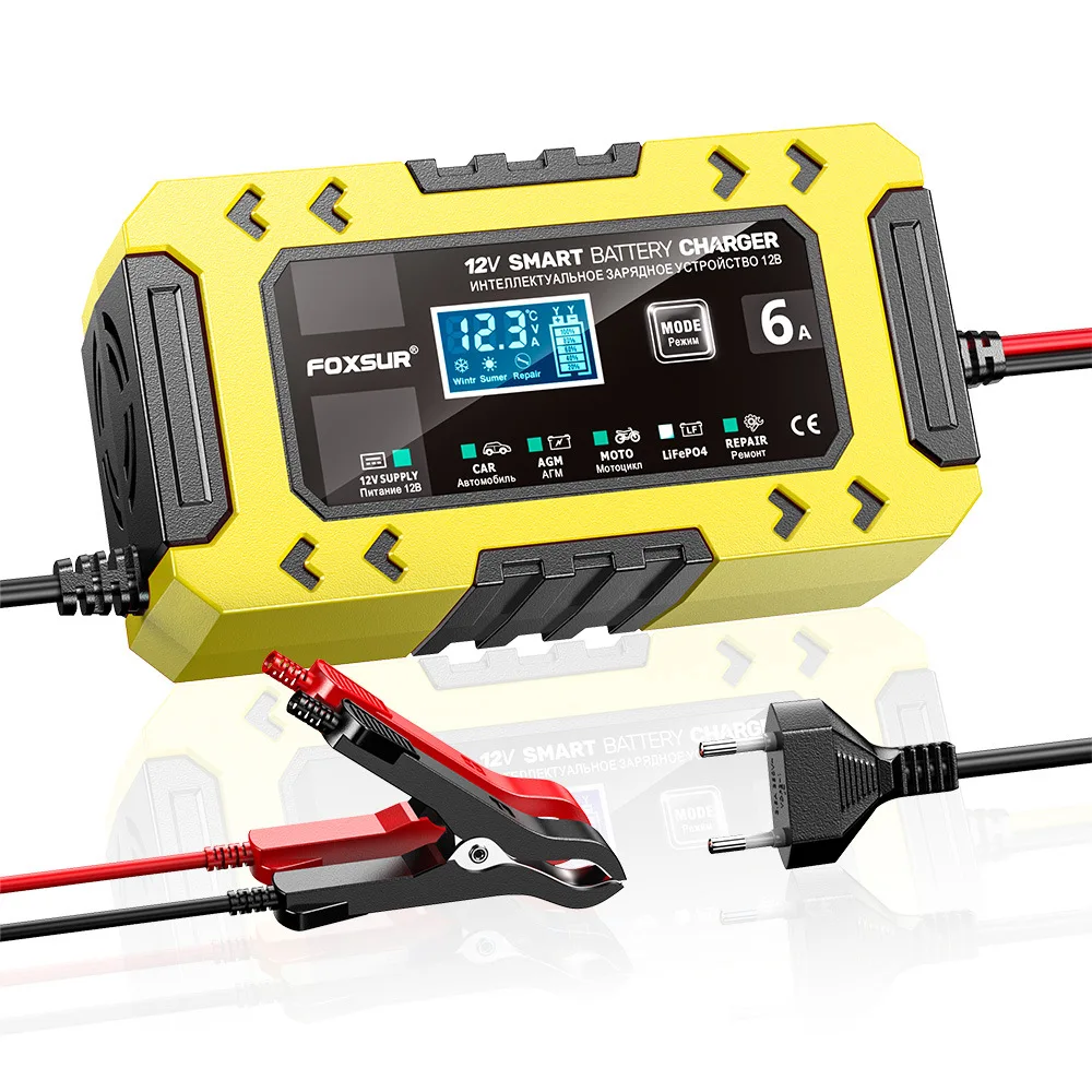 FOXSUR Full Automatic Car Battery Charger 12V 6A Digital Display 10-Stage Battery Charger Power Puls Repair Motorcycle Chargers