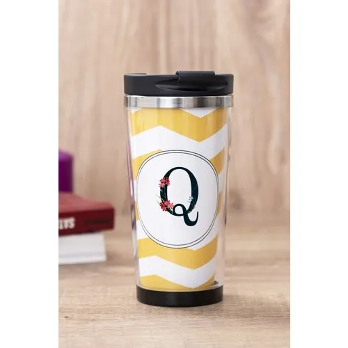 Gift Shop Letter Q Flower Design Yellow Thermos Cup