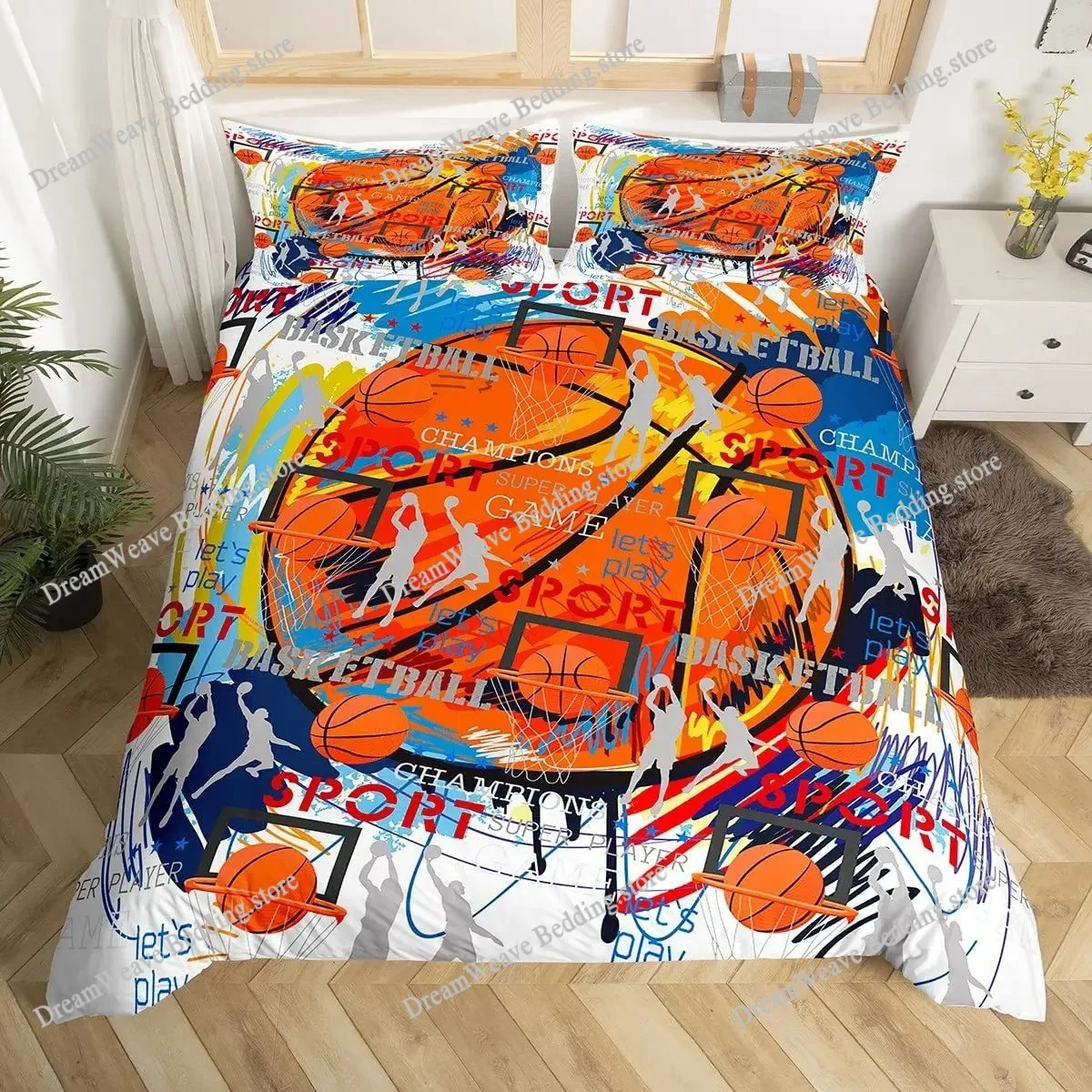 

Cartoon Basketball Duvet Cover Set Twin, Sports Colorful Bedding Sets for Boys Teens, Basketball Comforter Covers Bedroom Decor