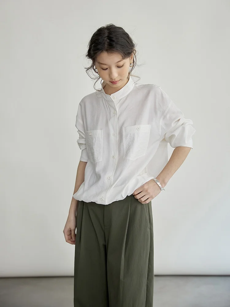 

Весна 2025 Женская повседневная шелковая рубашка Nomumad Mountain Pasture Workwear с дизайнерским сборчатым подолом, белая