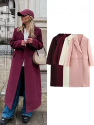 HH Female Autumn Winter Fashion Woolen Long Coat Woman Casual Turn-Down Collar Long Sleeves Pockets Double Breasted Coat