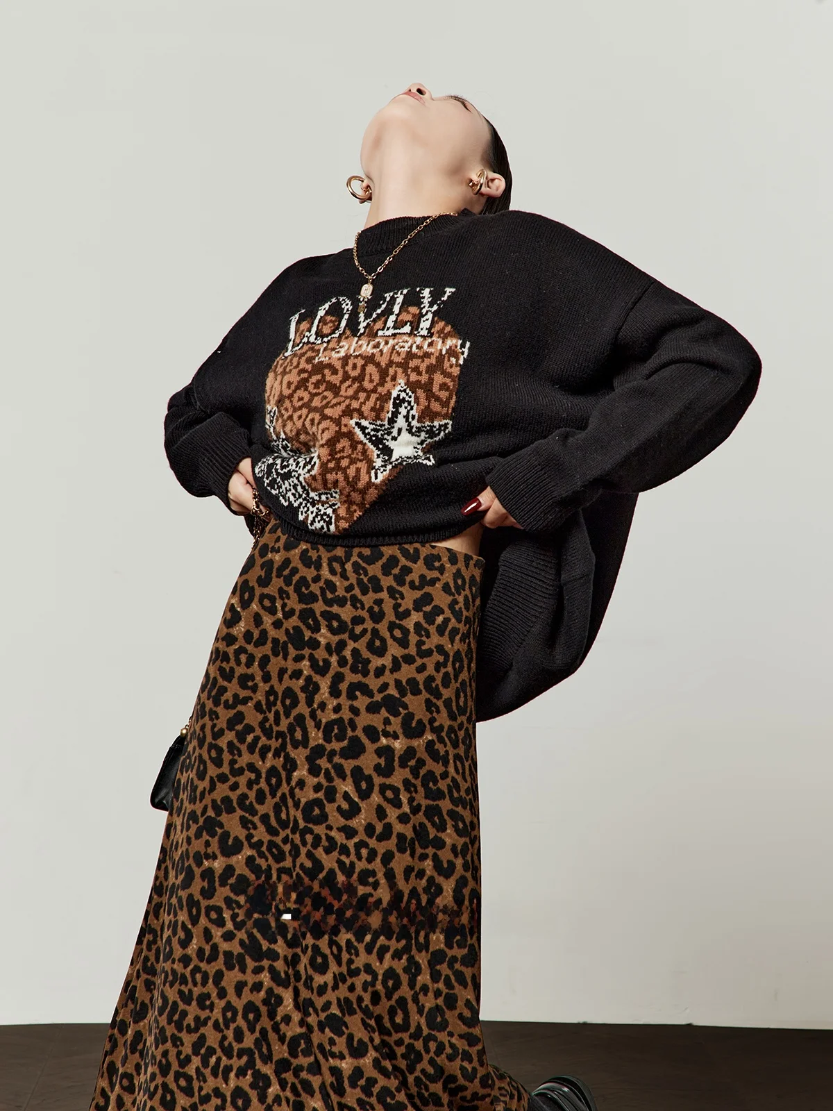 

Retro Sle Women's Loose Fit Thiened Overhead Leopard Print Sweater Faionable Versatile New Arrival Autumn Winter Knitwear