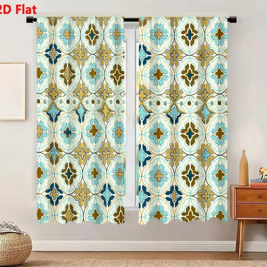 2Pcs Curtains 2D Flat Vintage Geometric Pattern With Olive Green Mustard Yellow Teal Blue And Navy Blue Interlocking Floral Moti