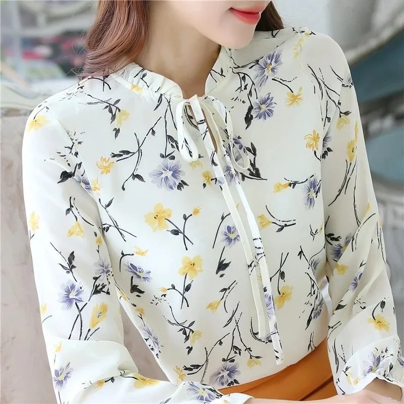 Women Spring Autumn Style Blouses Shirts Lady Casual Long Sleeve Bow Tie Collar Flower Printed Blusas Tops
