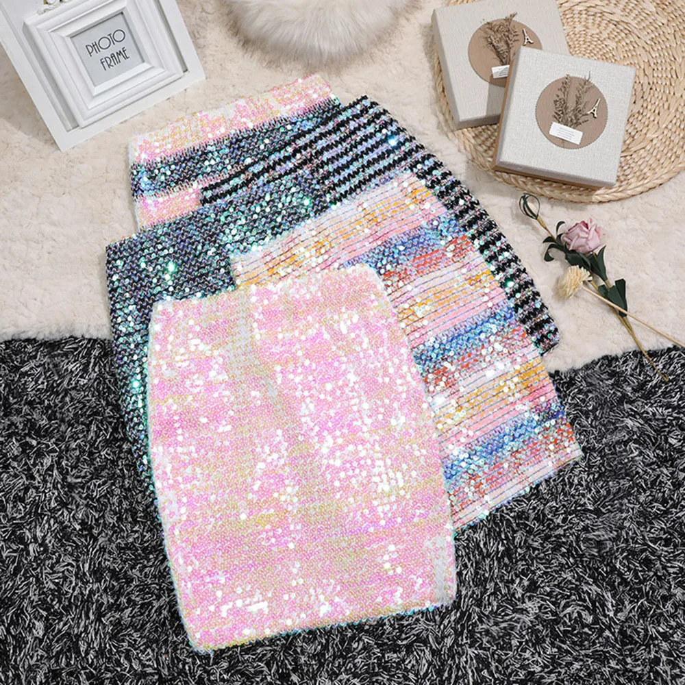 2022 Summer Silver Mujer Jupe Slim Straight Mini Sequin Skirt High Waist Elastic Pink Bling Party Clubwear Sexi Female Skirts