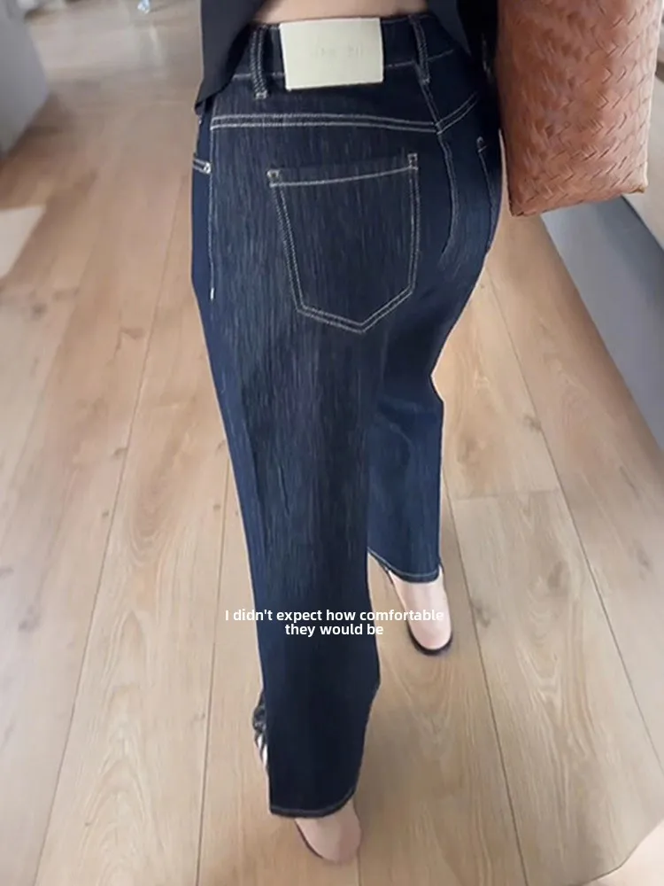 ディープブルーシルクマイクロフレアジーンズ レディース 薄手 大きいサイズ 梨型体型 ヒップカバー 着痩せ効果 ナインポイントフレアパンツ