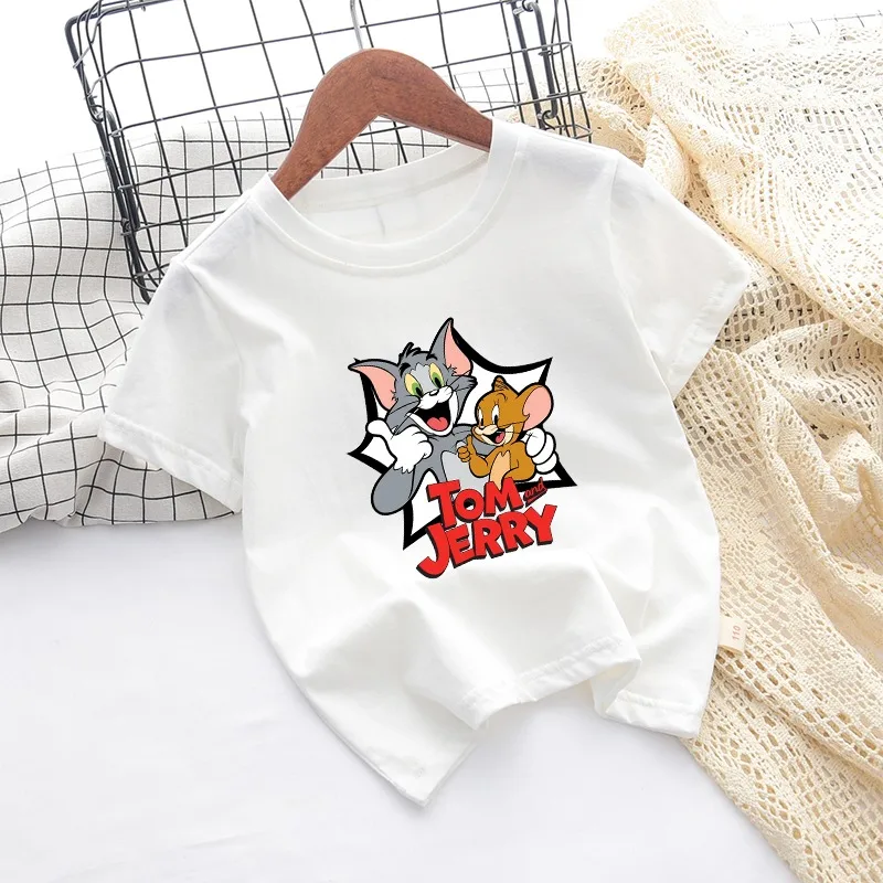 Tom and Jerry Cute T-shirts Boys Girls Summer Clothes Cartoon Anime Pattern Printed Short Sleeve Comfortable Breathable T-shirt