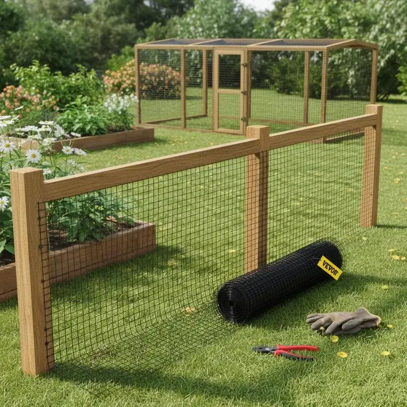 Metal Wire Mesh 24" x 50' 1" x 1" Grid For Vegetable Gardens Flower Beds Chicken Coops 16 Gauge Vinyl Coated Steel Welded Fencing Roll Black Includes Cutting Plier Fabric Gloves