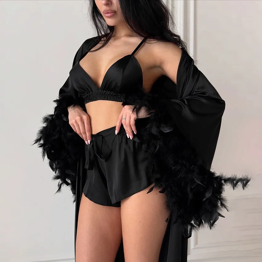 Women's Pajama Long Sleeve Crop Top Loungewear Set V Neck Tie Waist Sleepwear Set Women's With Shorts Feather Trim Pajamas view 5