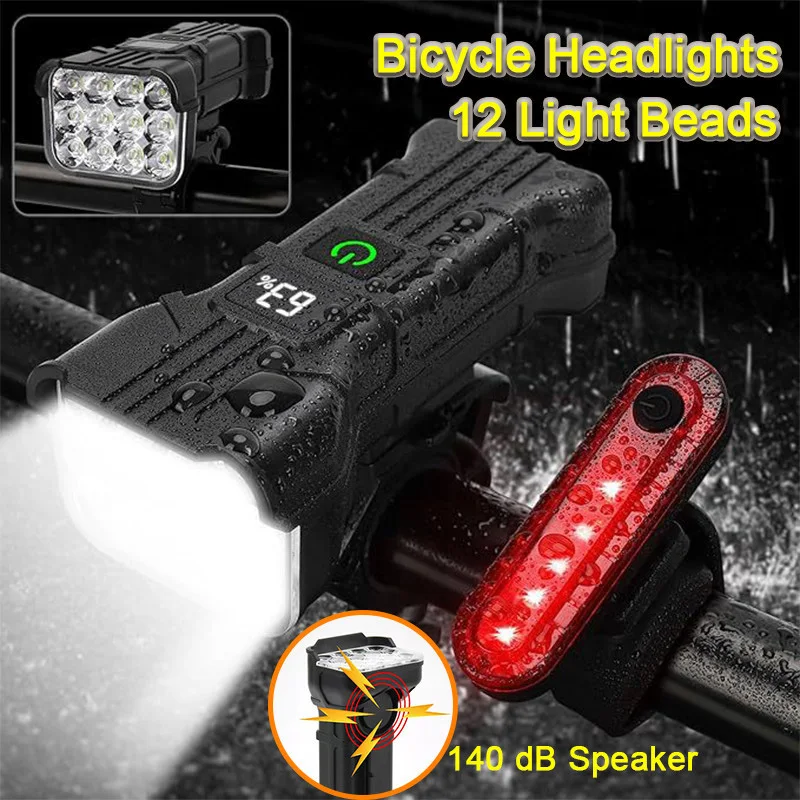 Bicycle Light with Horn 12 LED USB Rechargeable MTB Mountain Road Bike Front Lamp Headlight Waterproof Bicycle Bell Front Light