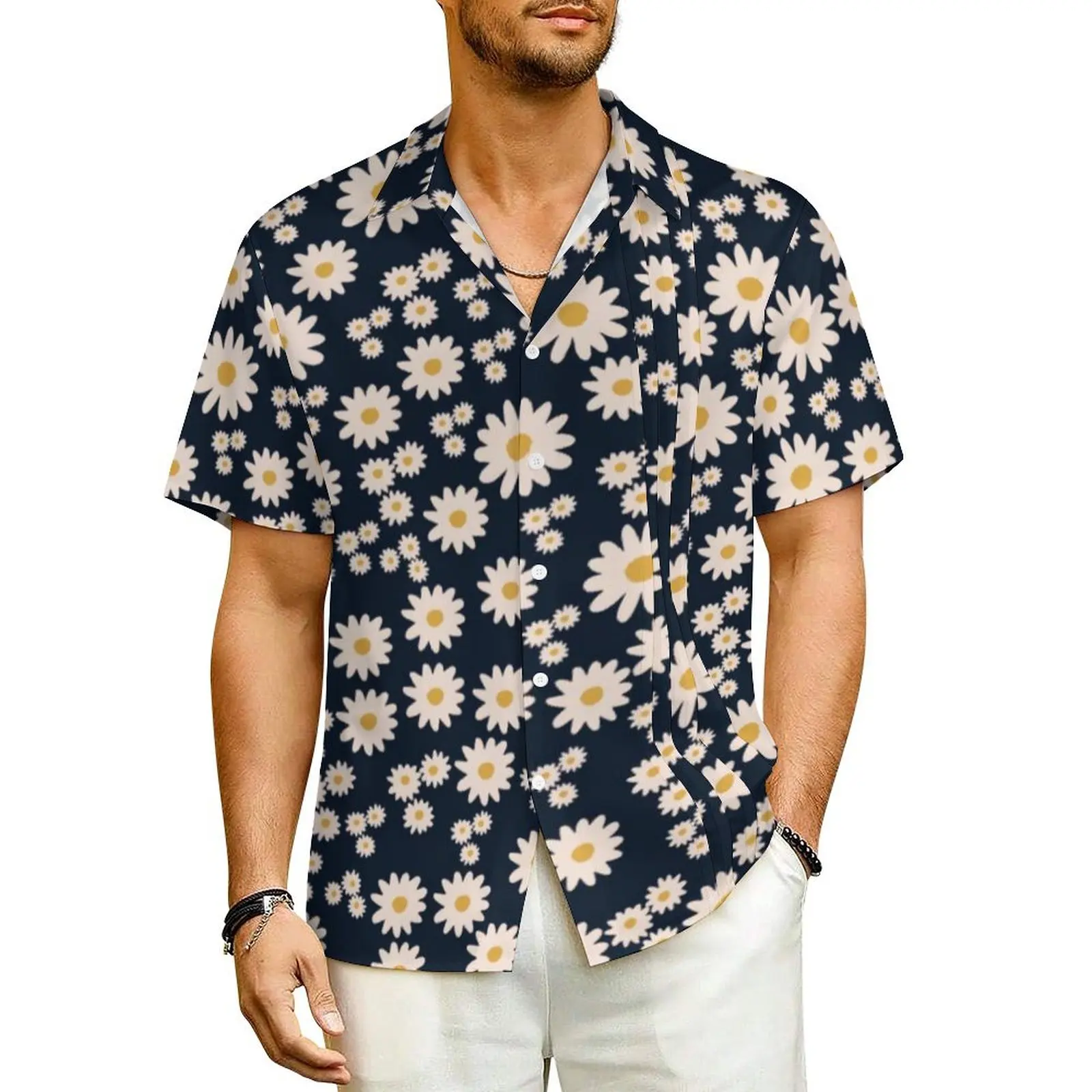 White Daisy Casual Shirt Cute Floral Print Vintage Hawaiian Shirts Male Short-Sleeve Beach Y2K Fashion Pattern Oversized Blouses