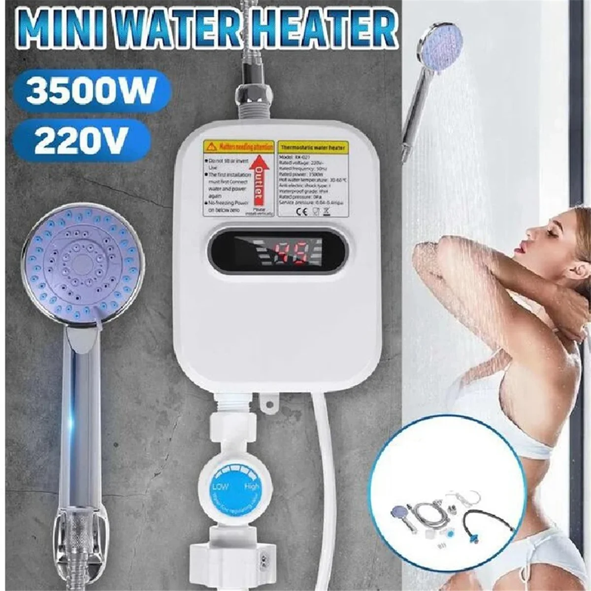 Instant Water Heater Shower Bathroom Faucet Plug Hot Water Heater 3500W Digital Display for Country House US Plug