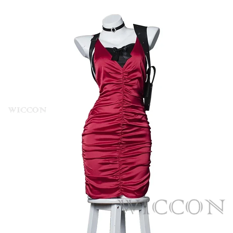 EE01 آدا وونغ تأثيري حلي الملابس شعر مستعار تأثيري لعبة التجسس حفلة الهالوين مثير امرأة فستان أحمر Ada Wong تأثيري حلي Io0!