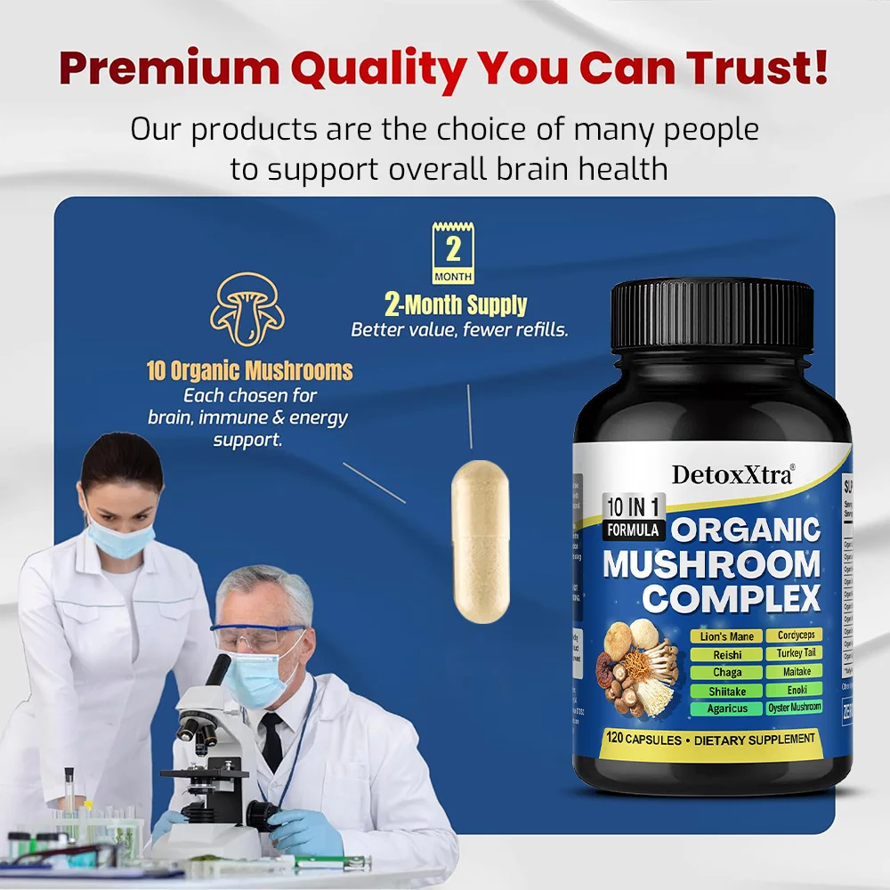 Mushroom Complex Capsules – Lions Mane, Reishi, Cordyceps, Chaga, Immune Support, Memory, Focus, Stress Relief & Energy Boost view 6