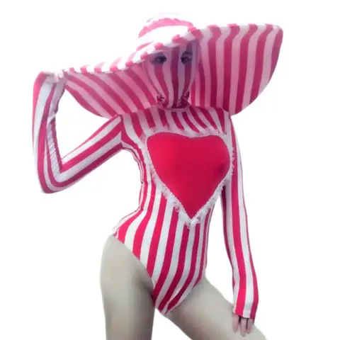 Red White Striped Bodysuit Big Hat Dance Outfit Women Sexy Performance Dance Costume DJ Dancer Team Nightclub Show Stage Wear