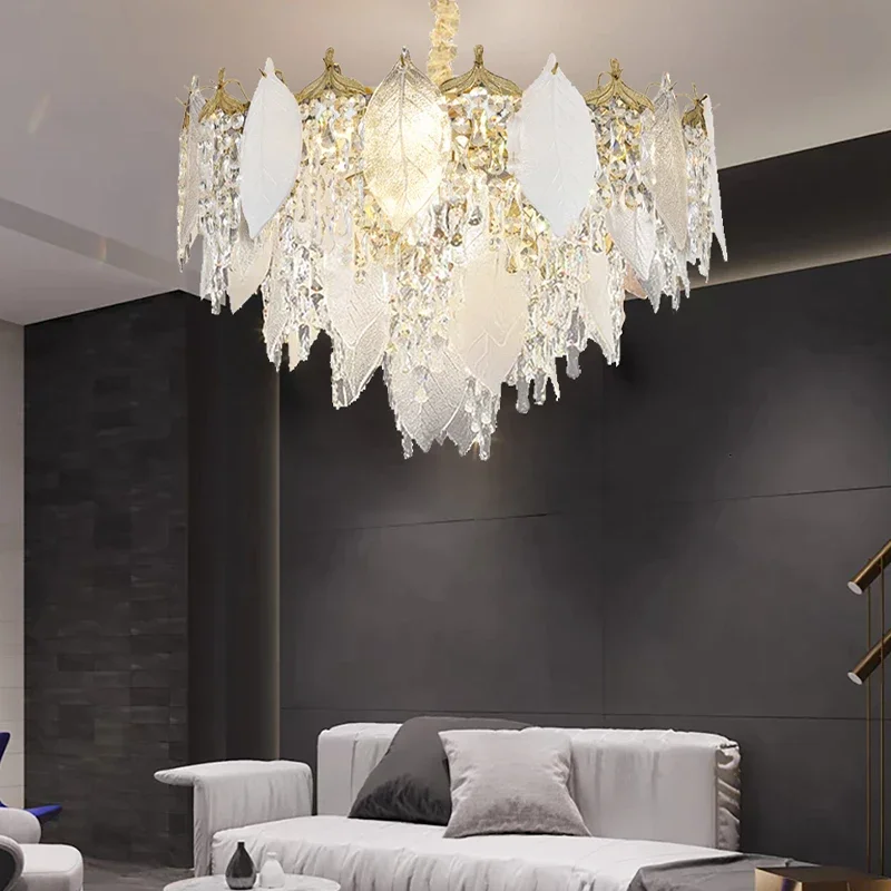 

2024 Porcelain Leaves Glass Chandeliers LED Hanging Lamps for Ceiling Post-modern Luxury Home Decor Light for Living Room Lustre