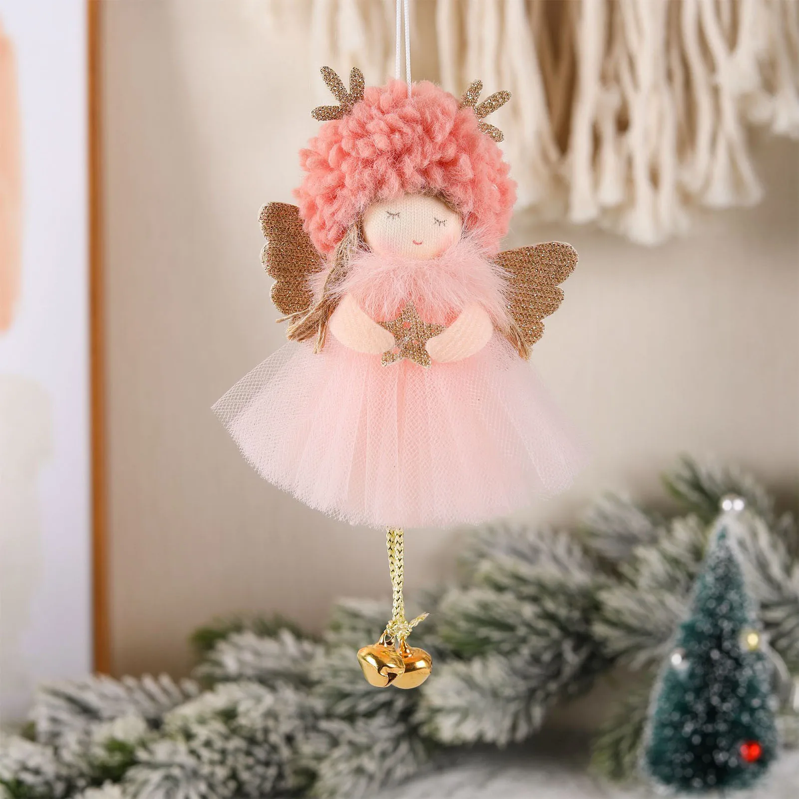 Little Angel Christmas Doll with Gauze Skirt Cute Adorable Antlers Doll Pendant for Cars Windows Christmas Trees