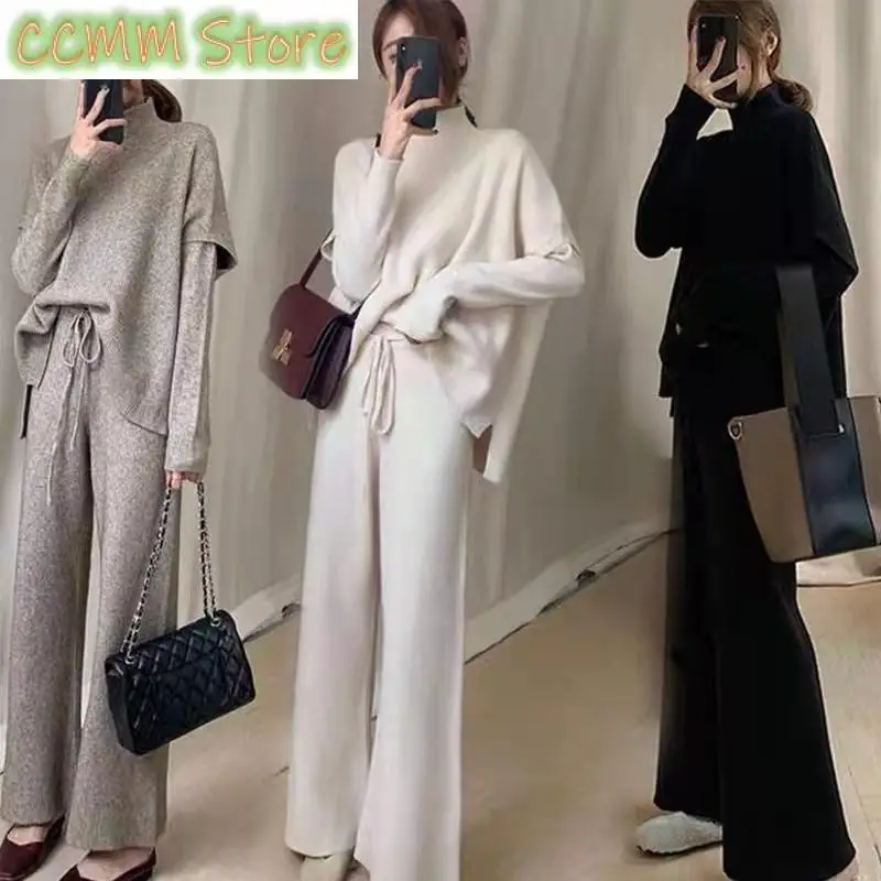 New Wool Blend Suit Women'sAutumn and Winter Two-Piece Suit Knitted Wide-LegPants Half CollarTop Vest Outer WearThree-Piece Suit