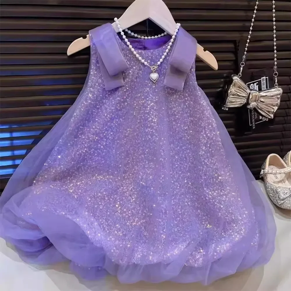 Flower Girl Dress Purple Mesh Sequin Birthday Party Children\'s Clothing Solid Color Vest Kids Dresses for Girls Casual Wear