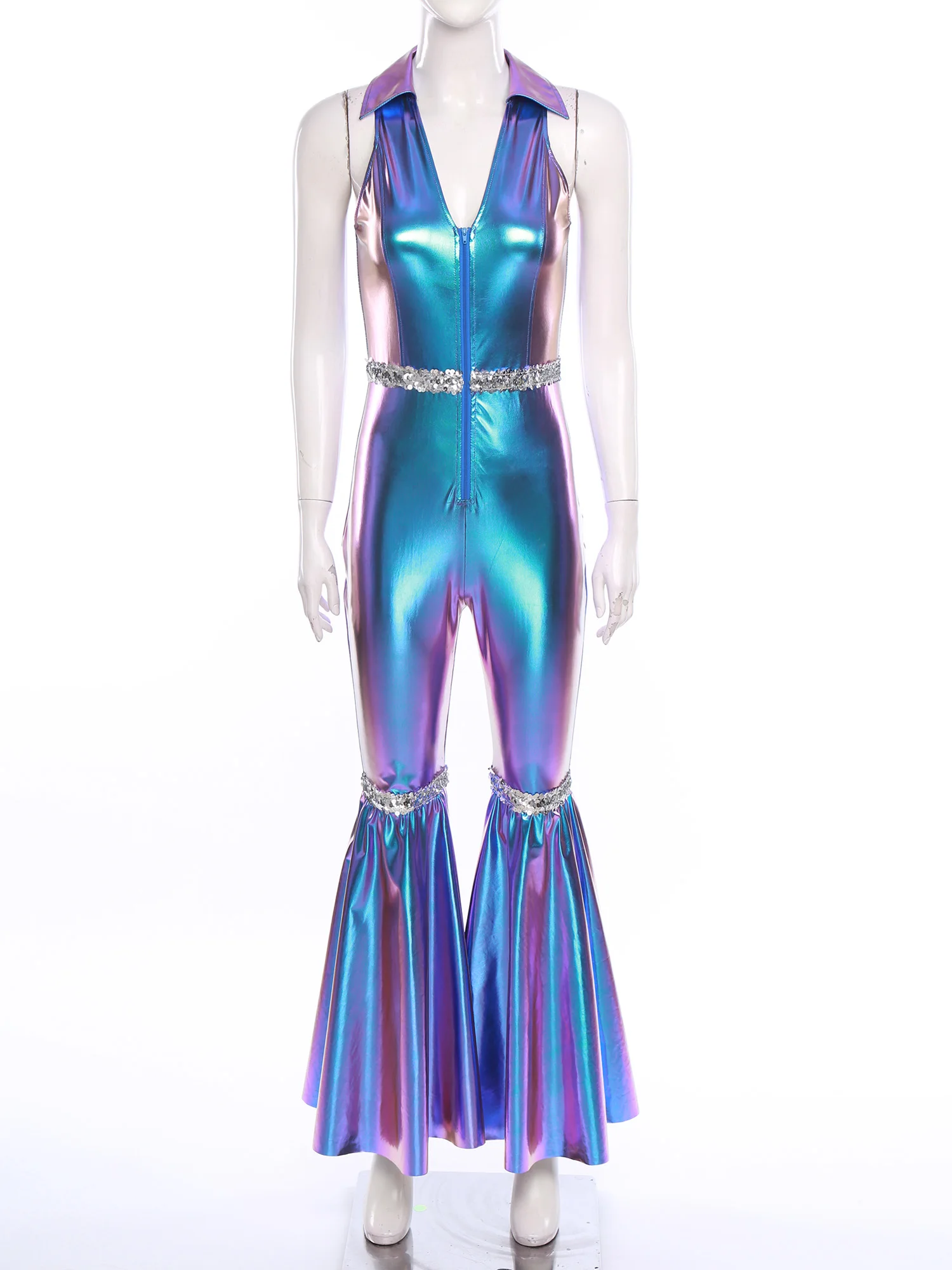 Womens Vintage 70S 80s Disco Metallic Shiny Jumpsuit Tiered Flare Sleeve Bell Bottom Hippie Romper One-piece Dancewear Costumes