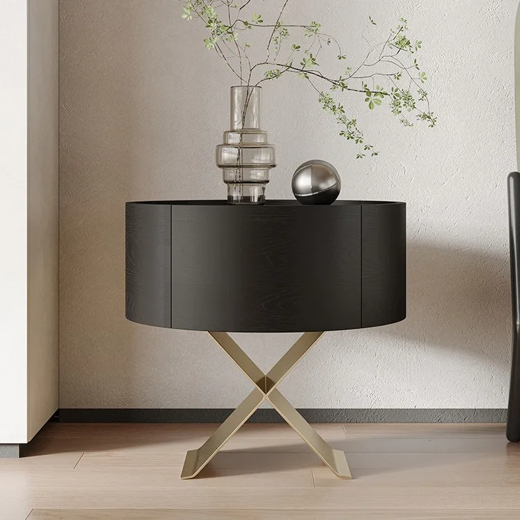 Italian Minimalist Smoky Bedside Table High-End Bedroom round Solid Wood Bedside Cabinet Locker Light Luxury