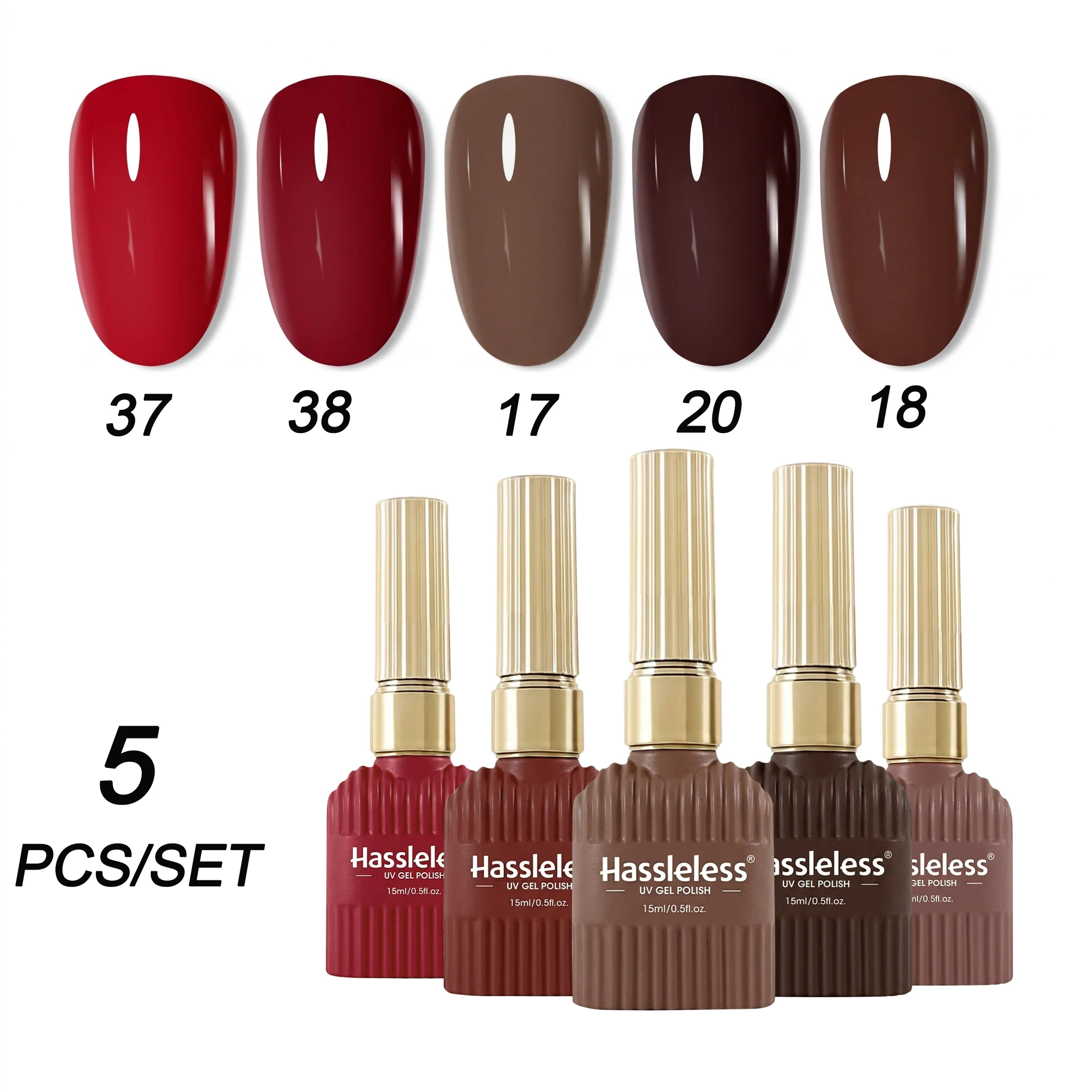 Hassleless 5Pcs Red-Brown Nail Polish Gel Set, 5-Piece Set in Retro Red-Brown Colors for Autumn and Winter, Festive Nail Set That Enhances Complexion, Suitable for Salon and Home DIY Manicures, Easy to Apply, Long-Last