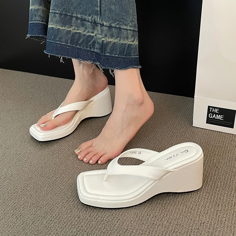 White Square Toe Wedge Flip Flops Women Korean Style Clip Toe Platform Sandals Woman Summer 2023 Outdoor Non Slip Beach Slippers