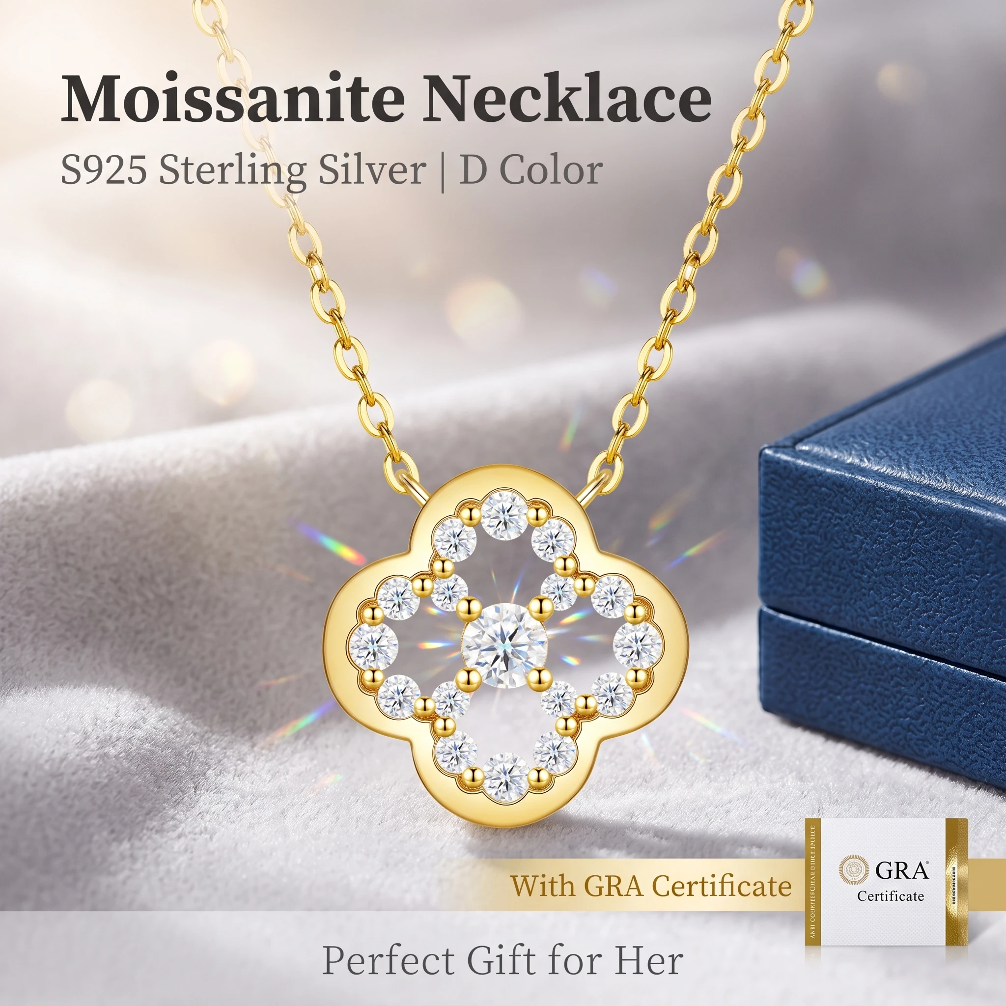 GRA Certified D Color Moissanite Four Leaf Clover Necklace S925 Sterling Silver Gold Plated Lucky Clover Pendant Necklaces For W