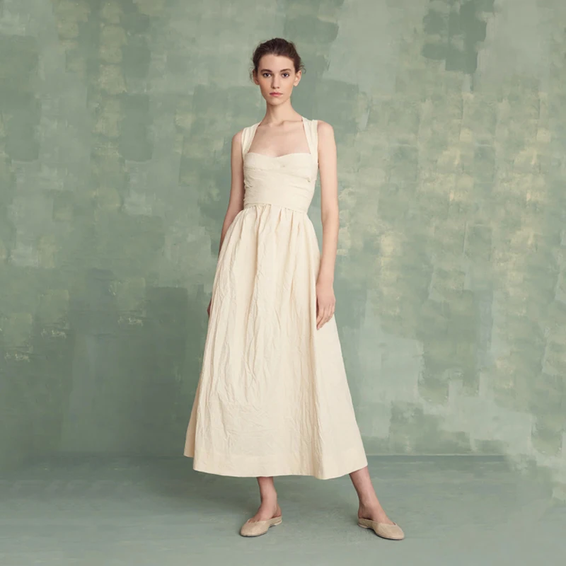 

Элегантное хлопково-льняное платье-халат с завышенной талией, А-силуэт, для офиса и повседневной носки