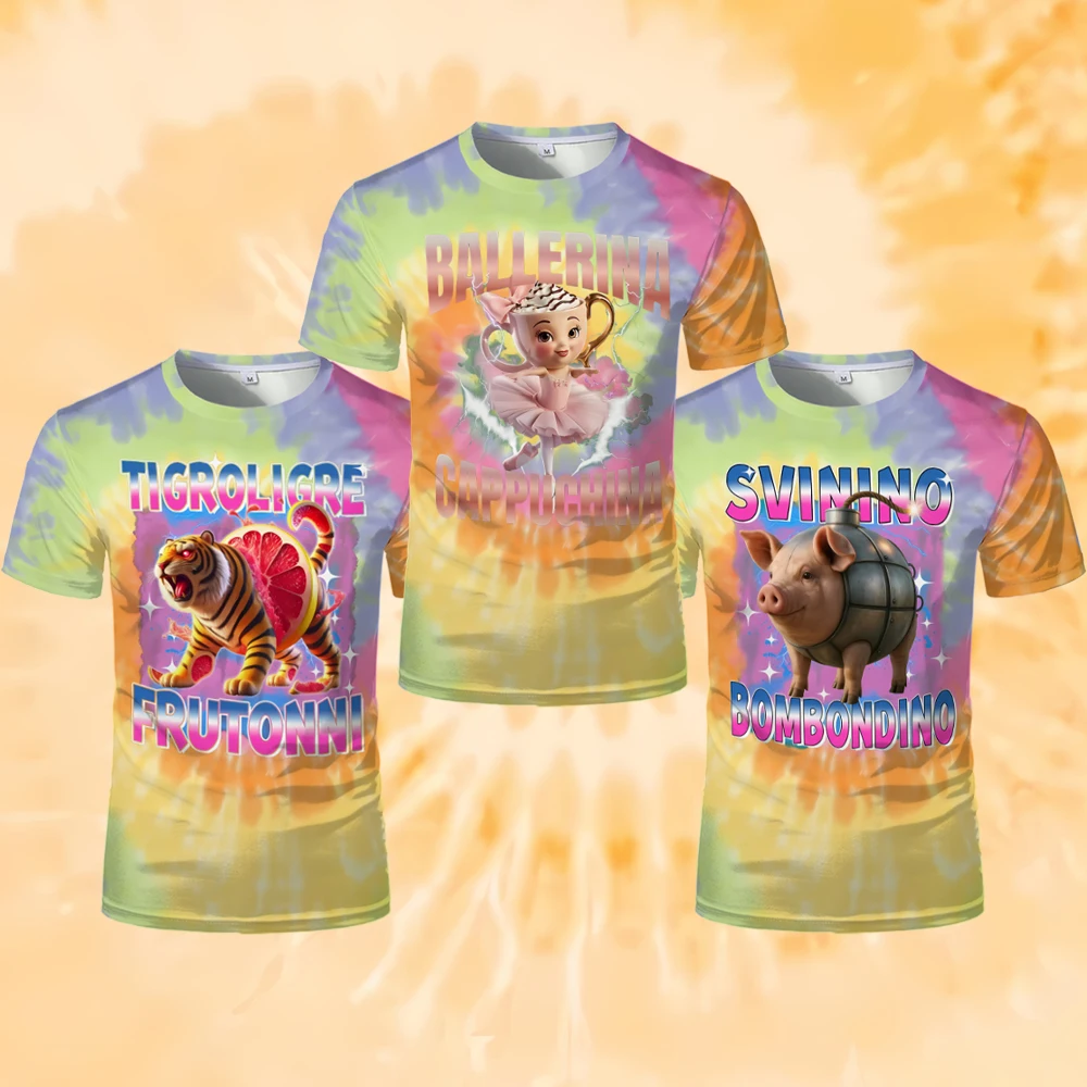 

New Italian Brainrot AI Animals Graphic T-shirt Humorous Funny Memes Printed Tie Dye Tops Unisex Loose Tees Kid's Clothing