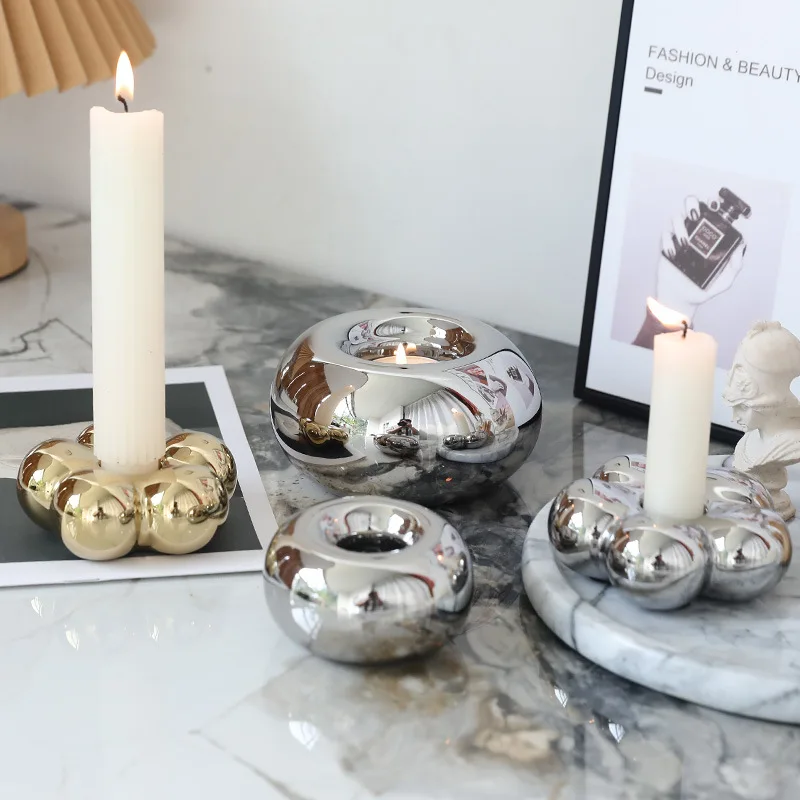 Nordic  Electroplating Silver Ceramic Flower Candle Candlestick Ornaments Shooting Props Romantic  Art Soft Dinner Decorations
