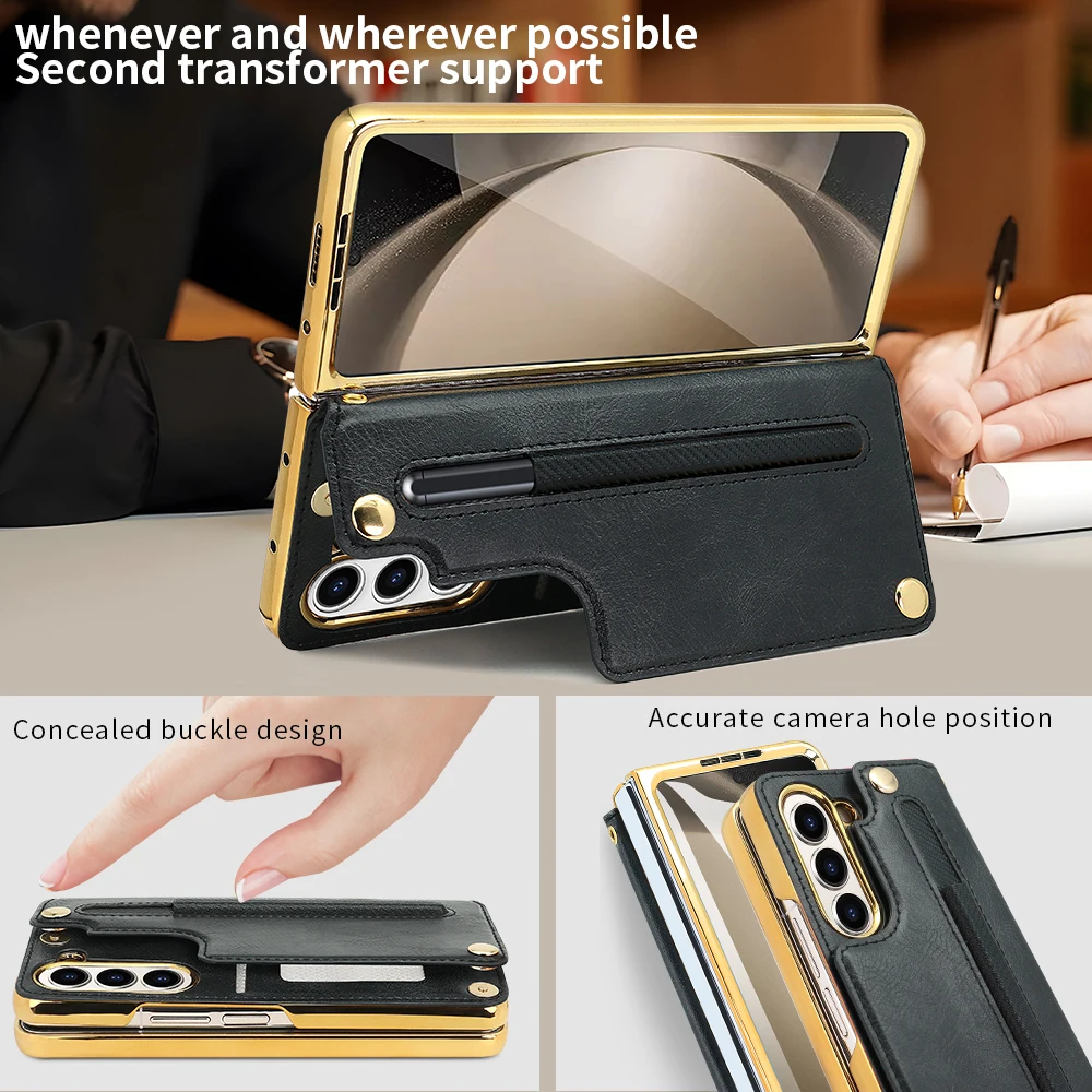 Vietao leather card wallet phone case for samsung galaxy z fold 6 with screen protector&pen slot&hand strap, z fold 5 4 case