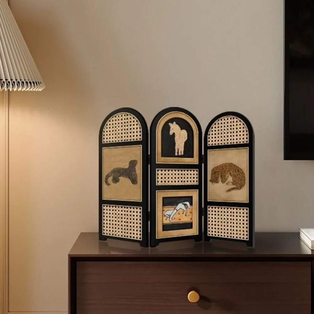 

Vintage Desktop Screen Ornament Decorative Unique Abstract Decorative Painting Stylish Foldable Structure