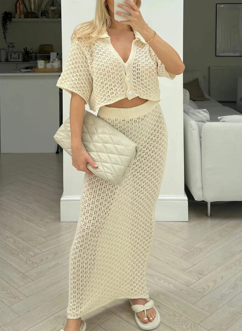 2PCS Women's Short Sleeve Hollow Out Knit Crop Top Blouse And Skirts Sexy Swimwear Beach Dress Summer Crochet Bikini Cover-up Sa