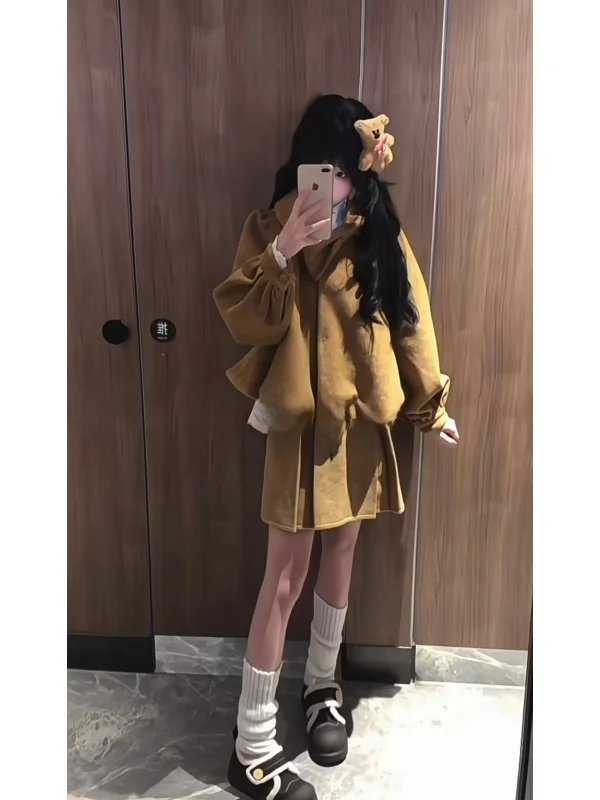 

Шерстяной костюм в стиле ретро, свободная юбка трапециевидной формы с галстуком-бабочкой, женский модный комплект с высокой талией, однотонный, зимний, повседневный, для взрослых женщин