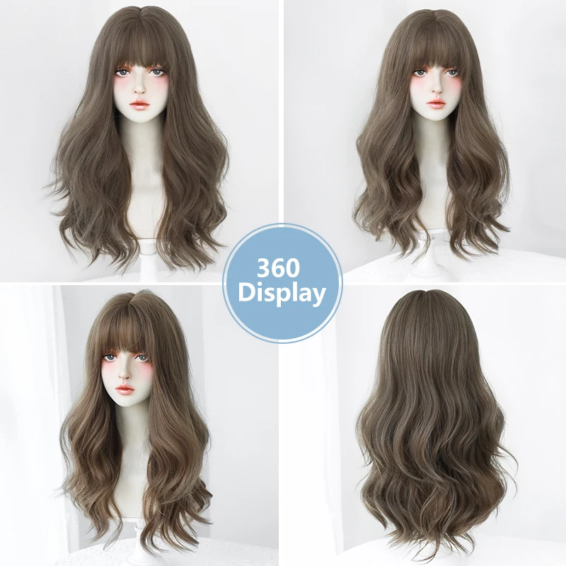 7JHH WIGS High Density Synthetic Body Wavy Wigs with Fluffy Bangs Long Loose Cool Brown Hair Wig for Women Beginner Friendly