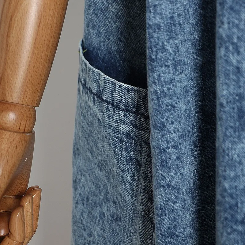 Women's Trendy Long Blue Denim Jacket Autumn Three-Quarter Sleeve Irregular Trench Coat